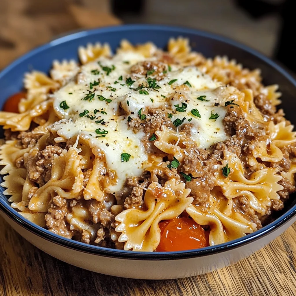 Garlic Parmesan Bowtie Pasta with Creamy Beef