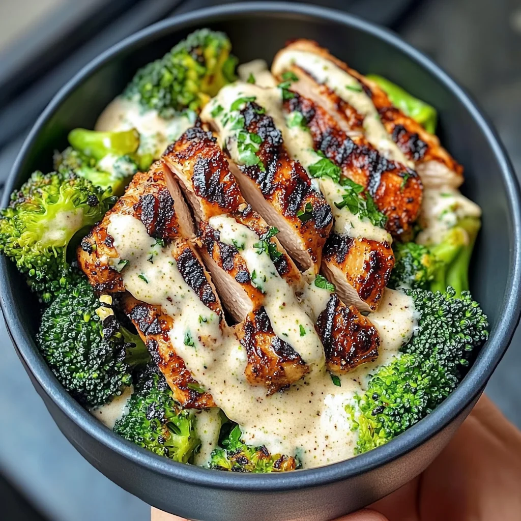Grilled Chicken & Broccoli Bowls with Creamy Garlic Sauce