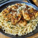 Lemon garlic butter chicken served with creamy parmesan linguine