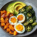 Avocado Power Plate with Jammy Eggs, Spinach & Sweet Potatoes