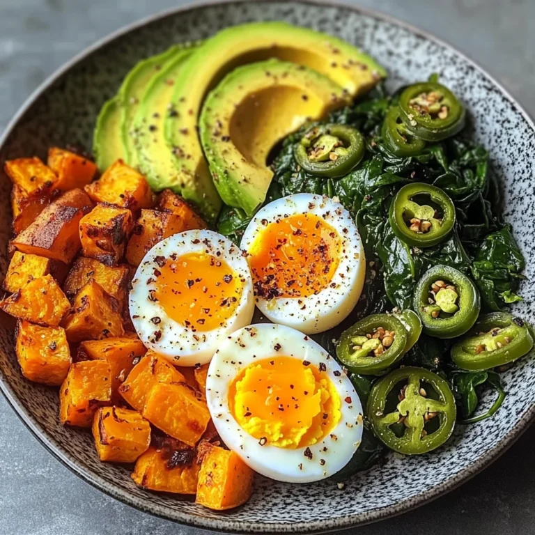Avocado Power Plate with Jammy Eggs, Spinach & Sweet Potatoes