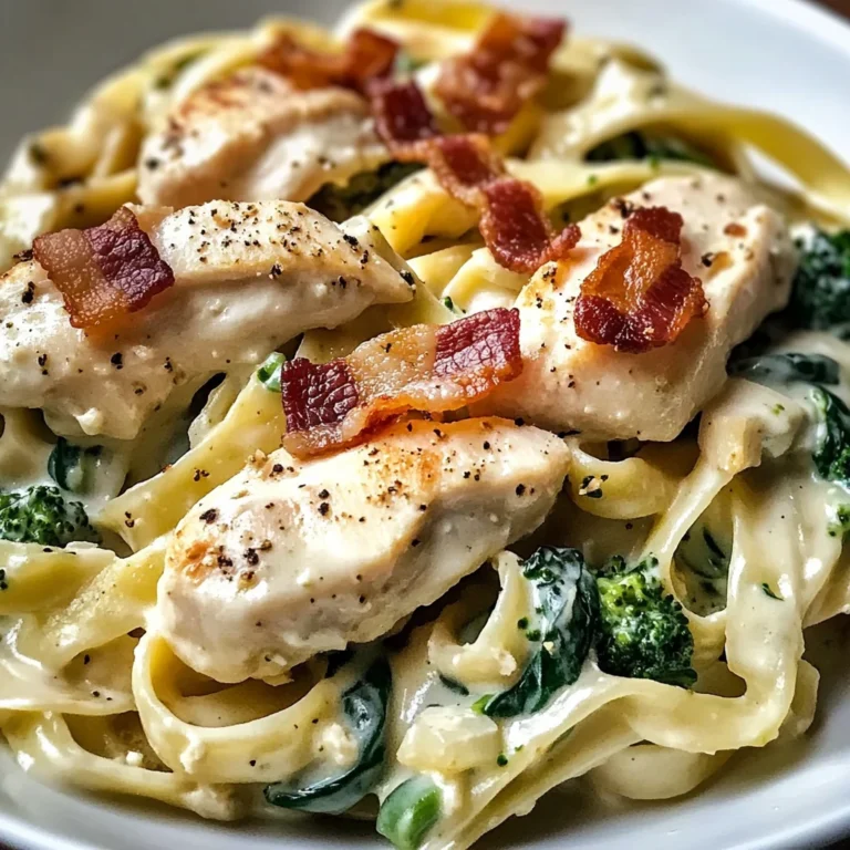 Creamy Chicken Bacon Spinach Fettuccine with Broccoli