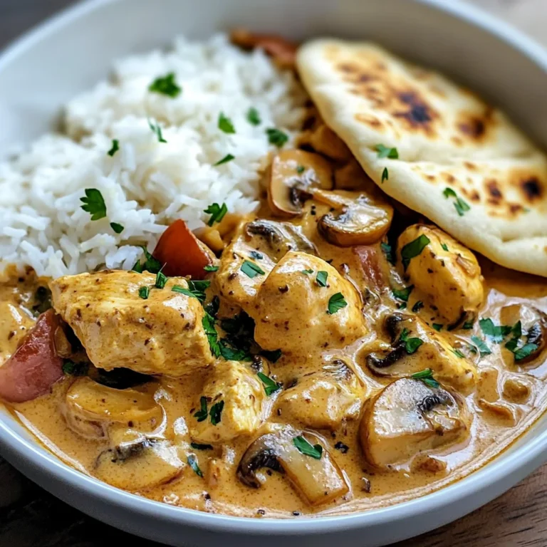 Creamy Chicken Curry with Golden Mushrooms, Rice & Warm Naan
