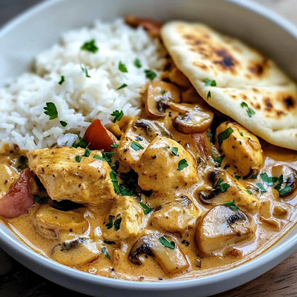 Creamy Chicken Curry with Golden Mushrooms, Rice & Warm Naan