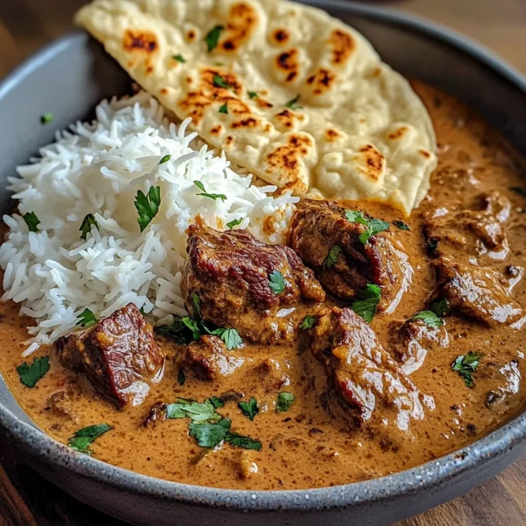 Creamy Coconut Curry Beef with Rice and Garlic Naan