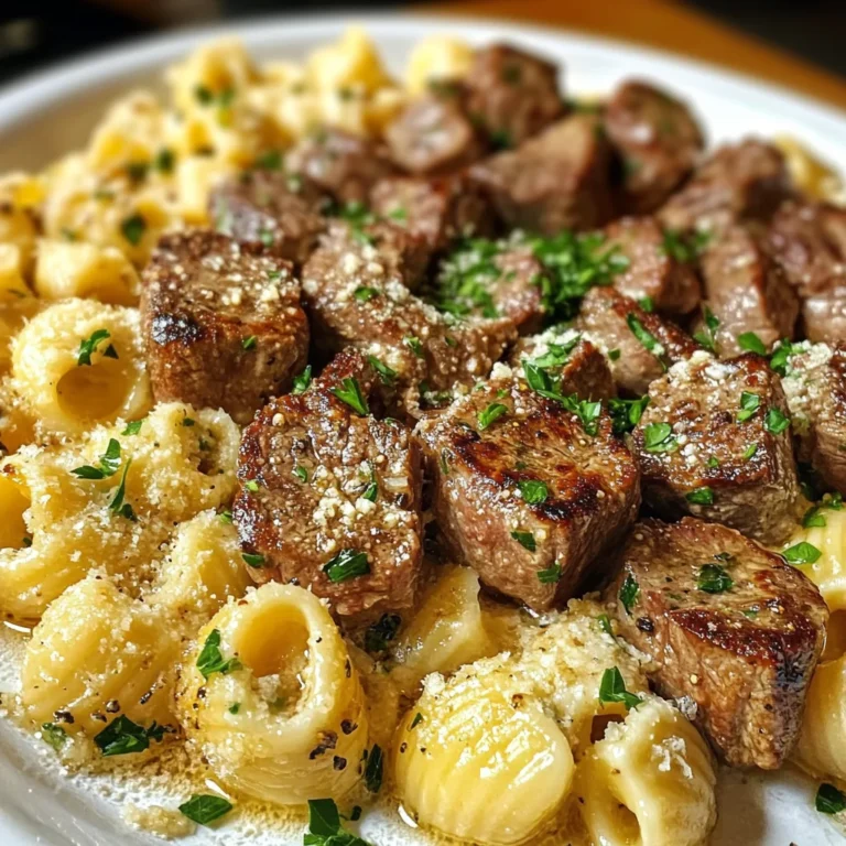 Creamy Garlic Parmesan Steak Bites with Shell Pasta