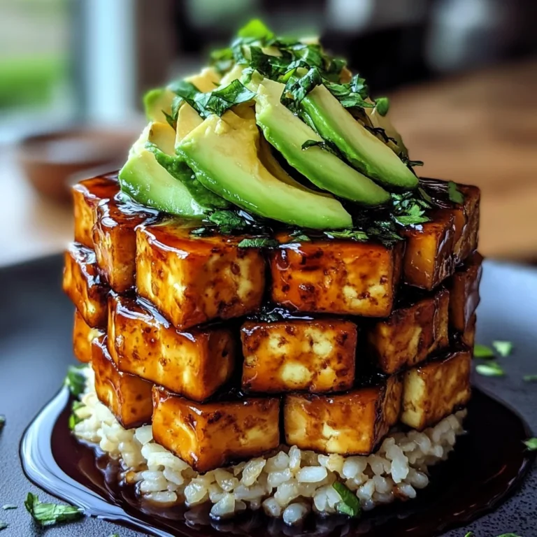 Crispy Teriyaki Tofu and Avocado Rice Stack