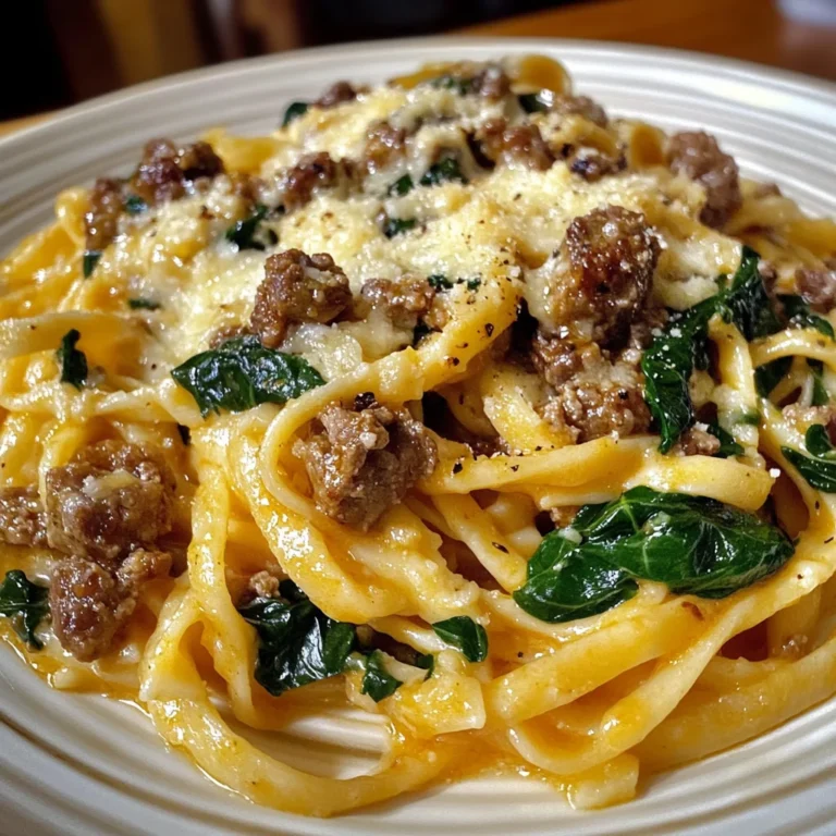 Garlic Butter Cheesy Linguine with Beef, Sausage and Spinach