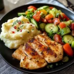Golden Pan-Seared Chicken Breast with Creamy Mashed Potatoes & Fresh Garden Salad