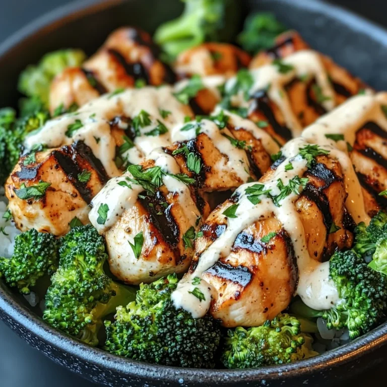 Grilled Chicken & Broccoli Bowls with Creamy Garlic Sauce