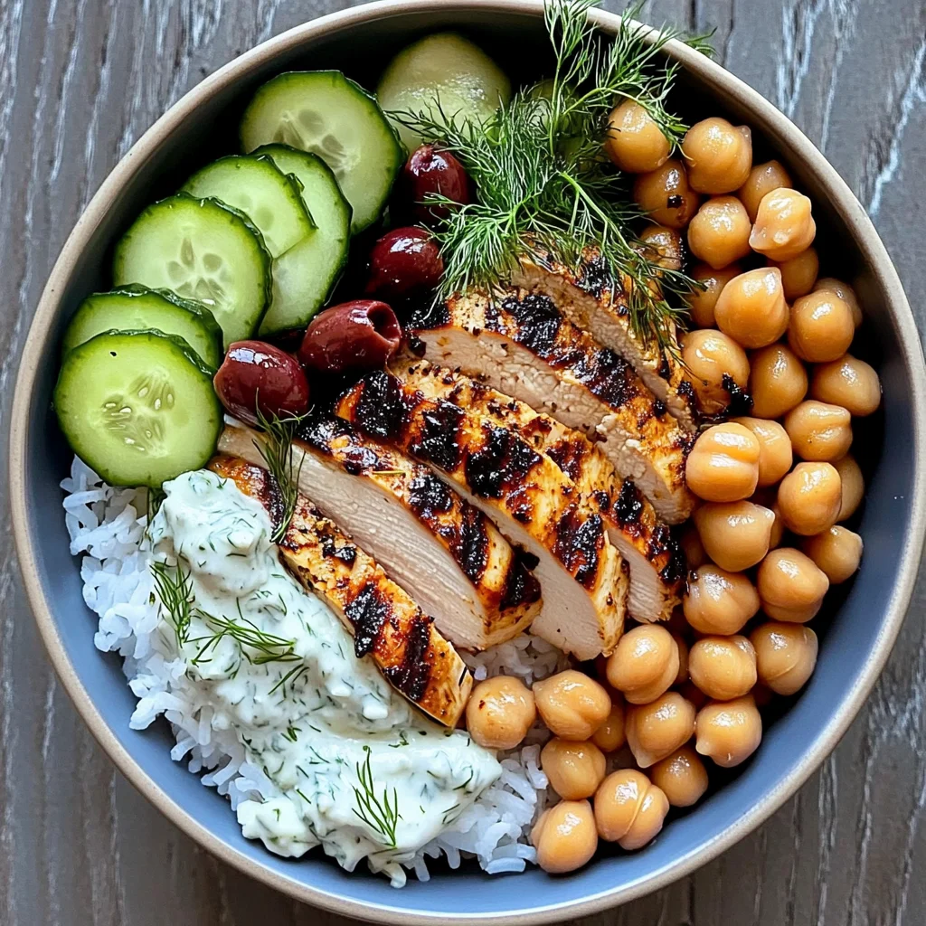 Mediterranean Grilled Chicken Bowl with Rice, Chickpeas & Tzatziki