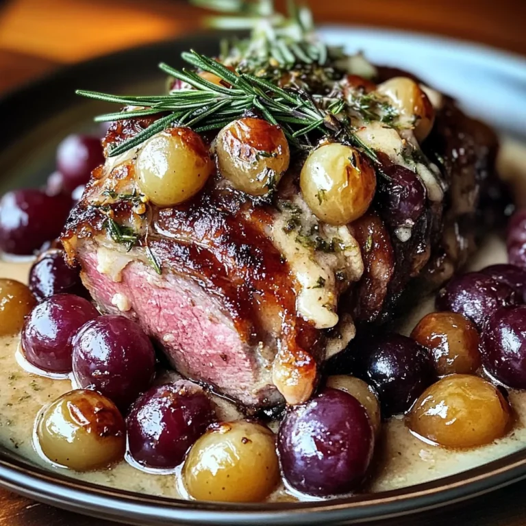 Slow-Roasted Lamb Shoulder with Rosemary, Garlic Cream & Caramelized Grapes