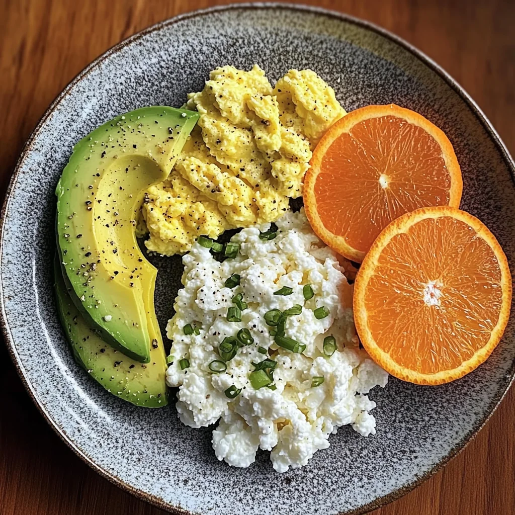 Avocado, Scrambled Eggs & Cottage Cheese Plate with Fresh Orange