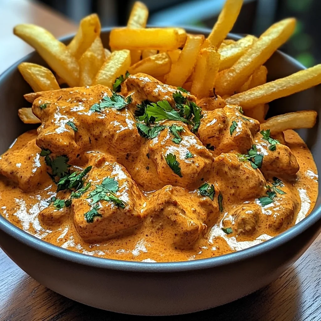 Creamy Butter Chicken with Garlic Cream Sauce and Hand-Cut Fries