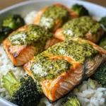 Creamy Pesto Salmon with Broccoli & Rice