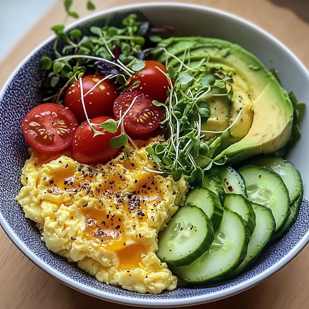 Creamy Scrambled Egg Bowl with Avocado, Microgreens & Veggies