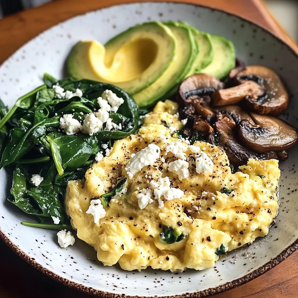 Creamy Scrambled Eggs with Sautéed Mushrooms, Spinach & Avocado