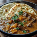 Slow-Cooked Beef Curry with Creamy Coconut Sauce & Garlic Naan