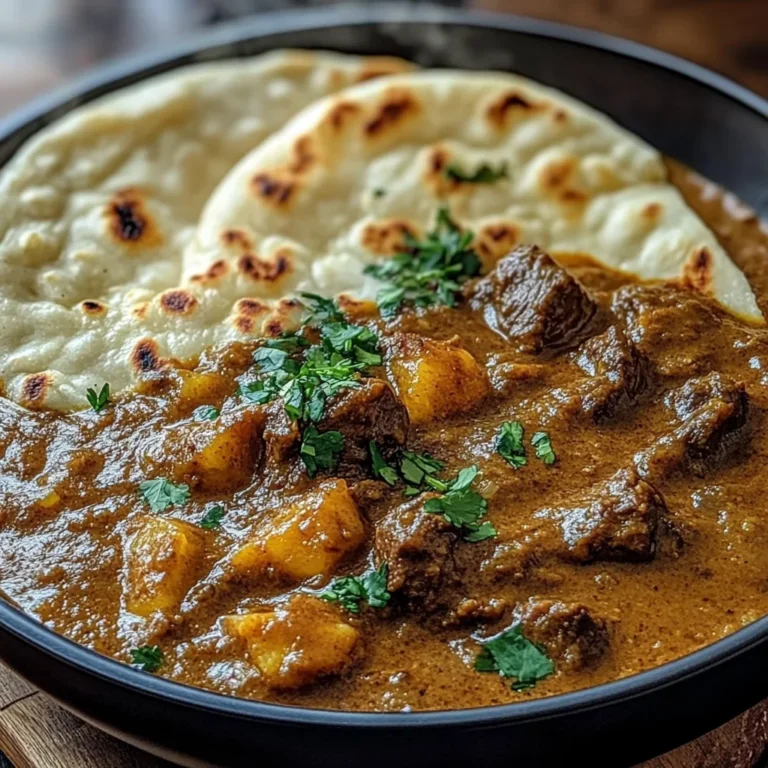 Slow-Cooked Beef Curry with Creamy Coconut Sauce & Garlic Naan