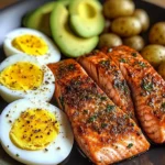 Spiced Salmon with Garlic Herb Potatoes, Avocado & Soft-Boiled Eggs