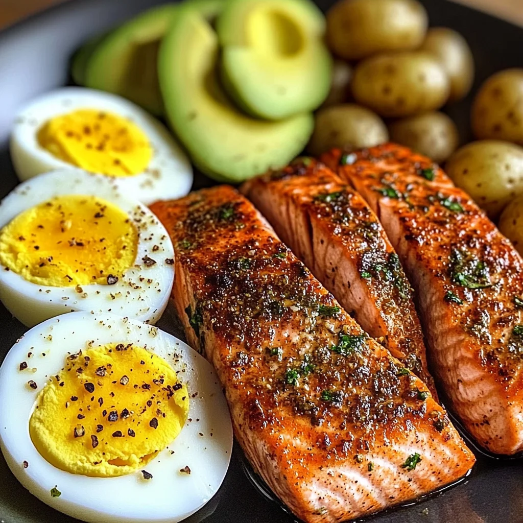 Spiced Salmon with Garlic Herb Potatoes, Avocado & Soft-Boiled Eggs