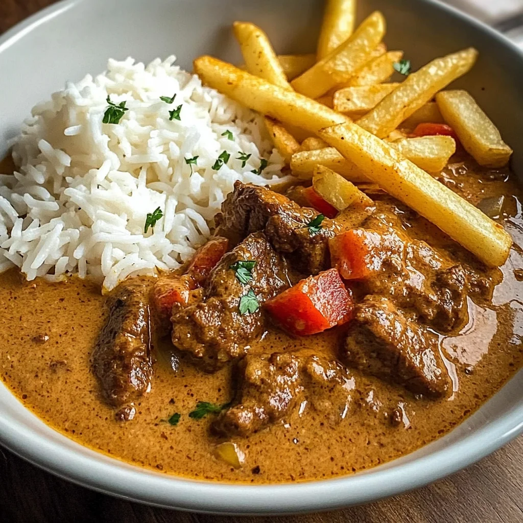 Creamy Coconut Curry Beef with Rice and Fries