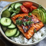 Honey-Glazed Salmon Bowl with Rice, Avocado, Cucumber & Tomato Herb Salad