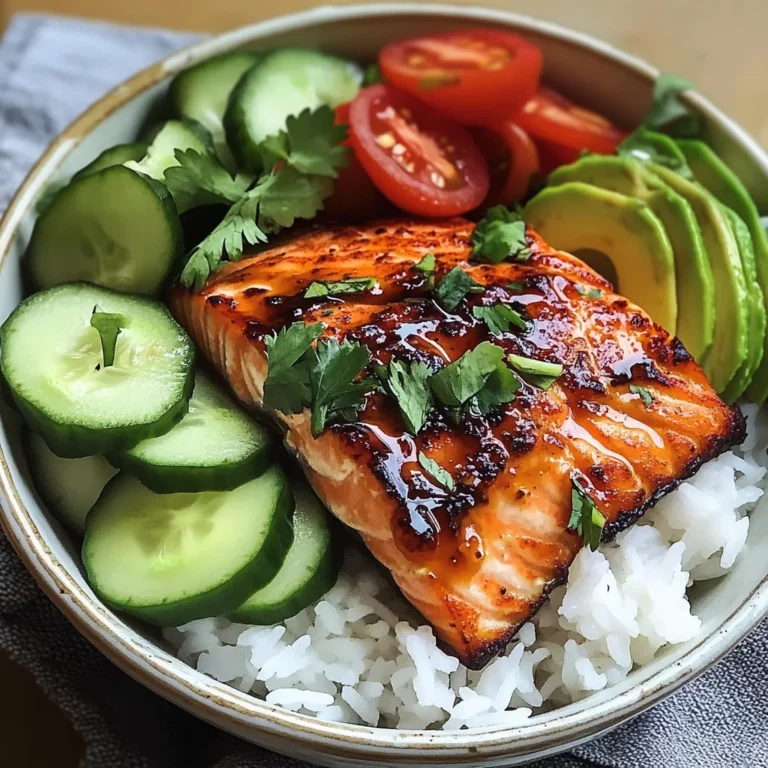 Honey-Glazed Salmon Bowl with Rice, Avocado, Cucumber & Tomato Herb Salad